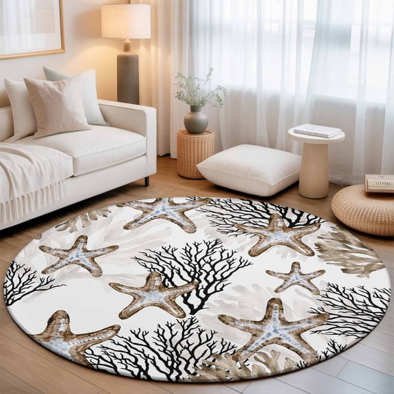 Round Area Rugs 3.3Ft, Coastal Brown Coral Non-Slip Washable Circle Rugs Carpet, Summer Ocean Starfish Nautical Vintage Indoor Outdoor Rug Floor Mats Throw Runner for Bedroom Living Room Bathroom