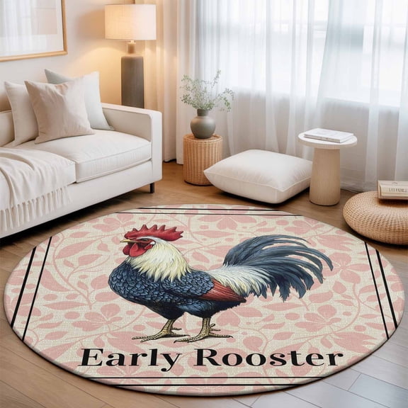 Round Area Rugs 3.3Ft, Early Rooster Non-Slip Washable Circle Rugs Carpet, Pink Spring Farmhouse Leaves Burlap Indoor Outdoor Rug Floor Mats Throw Runner for Bedroom Living Room Bathroom