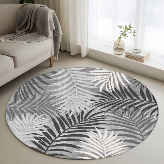 Round Area Rugs 3.3Ft, Grey Palm Leaves Washable Rug for Nursery, Home Office, Reading Room. Summer Botanical Tropical Leaf Non Slip Area Rugs Low Pile Carpet for Home Decor