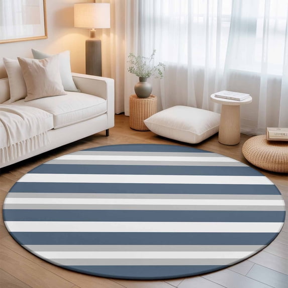 Round Area Rugs 3.3Ft, Haze Blue Stripe Non-Slip Washable Circle Rugs Carpet, Farmhouse Blue Gray Striped Indoor Outdoor Rug Floor Mats Throw Runner for Bedroom Living Room Bathroom