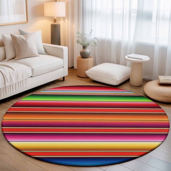 Round Area Rugs 3.3Ft, Mexican Style Non-Slip Washable Circle Rugs Carpet, Colorful Mexico Stripes Pink Red Indoor Outdoor Rug Floor Mats Throw Runner for Bedroom Living Room Bathroom