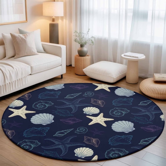 Round Area Rugs 3.3Ft, Nautical Coastal Non-Slip Washable Circle Rugs Carpet, Ocean Beach Starfish Shell Conch Navy Blue Indoor Outdoor Rug Floor Mats Throw Runner for Bedroom Living Room Bathroom