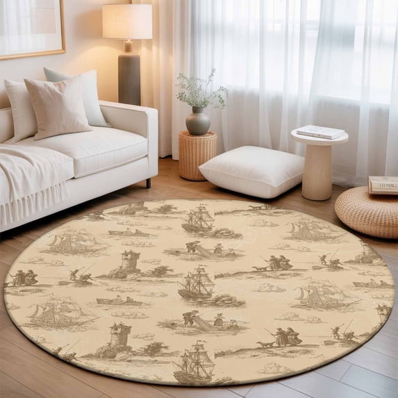 Round Area Rugs 3.3Ft, Nautical Ship Non-Slip Washable Circle Rugs Carpet, Farmhouse Retro Ocean Coastal Lighthouse Map Indoor Outdoor Rug Floor Mats Throw Runner for Bedroom Living Room Bathroom