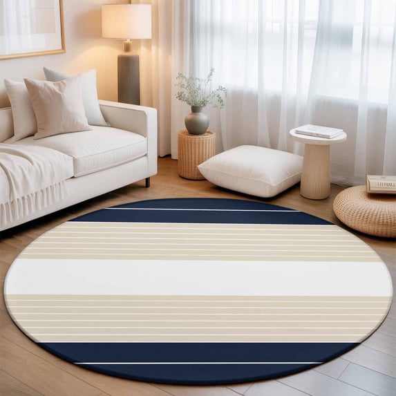 Round Area Rugs 3.3Ft, Navy Beige Striped Non-Slip Washable Circle Rugs Carpet, Gradient Geometric Blue White Indoor Outdoor Rug Floor Mats Throw Runner for Bedroom Living Room Bathroom