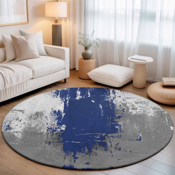 Round Area Rugs 3.3Ft, Navy Blue Cement Gray Non-Slip Washable Circle Rugs Carpet, Modern Abstract Art Blue Indoor Outdoor Rug Floor Mats Throw Runner for Bedroom Living Room Bathroom