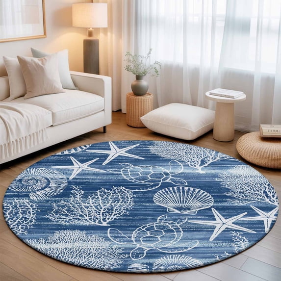 Round Area Rugs 3.3Ft, Navy Blue Coastal Non-Slip Washable Circle Rugs Carpet, Nautical Coral Starfish Shell Turtle Summer Indoor Outdoor Rug Floor Mats Throw Runner for Bedroom Living Room Bathroom