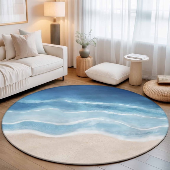 Round Area Rugs 3.3Ft, Navy Blue Coastal Non-Slip Washable Circle Rugs Carpet, Waves Summer Beach Ocean Sea Indoor Outdoor Rug Floor Mats Throw Runner for Bedroom Living Room Bathroom