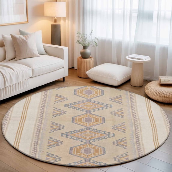 Round Area Rugs 3.3Ft, Orange Blue Non-Slip Washable Circle Rugs Carpet, Boho Ethnic Southwestern Geometric Indoor Outdoor Rug Floor Mats Throw Runner for Bedroom Living Room Bathroom