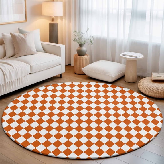 Round Area Rugs 3.3Ft, Orange Plaid Non-Slip Washable Circle Rugs Carpet, Modern Minimalist Geometric Gingham Checkered Indoor Outdoor Rug Floor Mats Throw Runner for Bedroom Living Room Bathroom