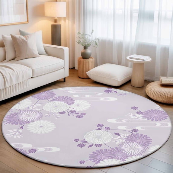 Round Area Rugs 3.3Ft, Purple White Floral Non-Slip Washable Circle Rugs Carpet, Spring Botanical Leaves Farmhouse Indoor Outdoor Rug Floor Mats Throw Runner for Bedroom Living Room Bathroom