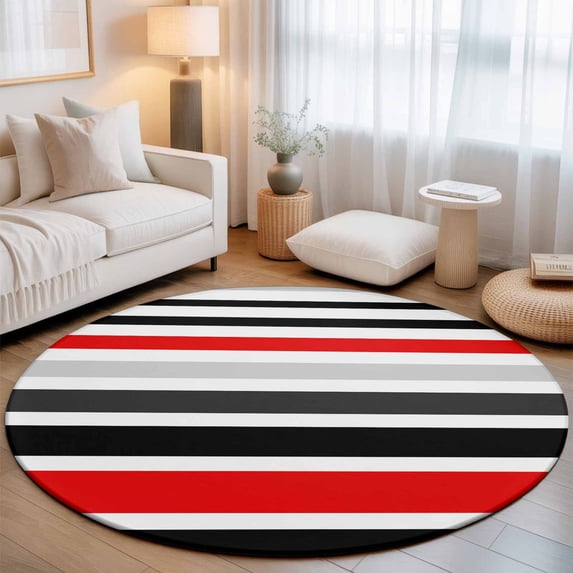 Round Area Rugs 3.3Ft, Red Black Stripe Non-Slip Washable Circle Rugs Carpet, Modern Abstract Coarse Striped Indoor Outdoor Rug Floor Mats Throw Runner for Bedroom Living Room Bathroom