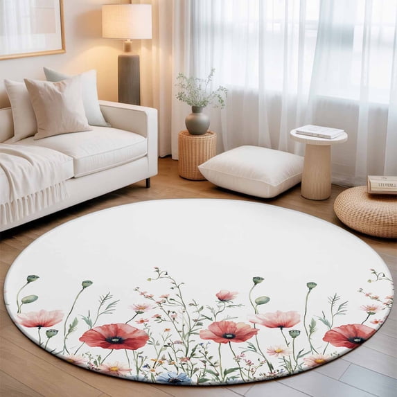 Round Area Rugs 3.3Ft, Red Poppy Flower Non-Slip Washable Circle Rugs Carpet, Garden Floral Botanical Painting Indoor Outdoor Rug Floor Mats Throw Runner for Bedroom Living Room Bathroom