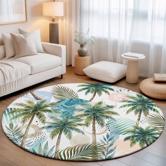 Round Area Rugs 3.3Ft, Tropical Plant Non-Slip Washable Circle Rugs Carpet, Summer Watercolor Boho Green Palm Trees Indoor Outdoor Rug Floor Mats Throw Runner for Bedroom Living Room Bathroom