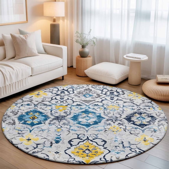 Round Area Rugs 3.3Ft, Vintage Ethnic Non-Slip Washable Circle Rugs Carpet, Morocco Boho Farmhouse Abstract Texture Indoor Outdoor Rug Floor Mats Throw Runner for Bedroom Living Room Bathroom