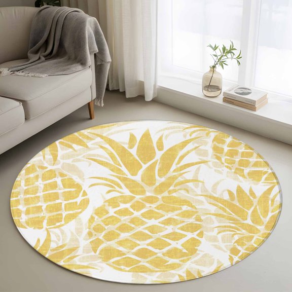 Round Area Rugs 3.3Ft, Yellow Pineapple Washable Rug for Nursery, Home Office, Reading Room. Summer Botanical Tropical Fruits Non Slip Area Rugs Low Pile Carpet for Home Decor
