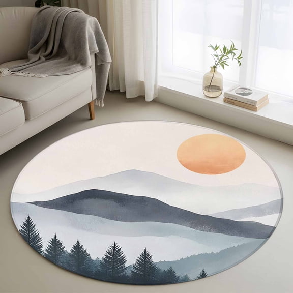 Round Area Rugs 3 Feet - Boho Sun Mountains Forest Shadow Soft Indoor Throw Rugs Carpets for Living Dining Bedroom Kids Room Non-Slip Playroom Crawl Rug Floor Mats Abstract Geometric