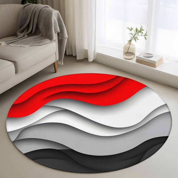 Round Area Rugs 3 Feet - Red Gray Color Blocks Soft Indoor Throw Rugs Carpets for Living Dining Bedroom Kids Room Non-Slip Playroom Crawl Rug Floor Mats Gradient Abstract Geometric