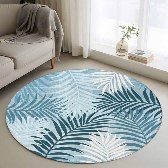 Round Area Rugs 3Ft, Blue Teal Palm Leaves Washable Rug for Entryway, Hallway, Summer Botanical Tropical Leaf Non Slip Area Rugs Low Pile Carpet for Home Decor