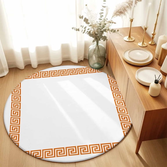 Round Area Rugs 3ft Abstract Greek Inspired Art Soft Indoor Throw Rugs Carpets for Living Dining Bedroom Non-Slip Playroom Crawl Rug Floor Mats Orange Twist Line Key Pattern