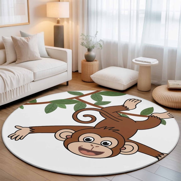 Round Area Rugs 3ft Cartoon Funny Monkey Green Leaves on White Soft Indoor Throw Rugs Carpets for Living Dining Bedroom Non-Slip Playroom Crawl Rug Floor Mats Country Vine