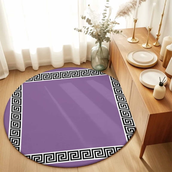 Round Area Rugs 3ft Greek Art Inspired Classic Pattern Soft Indoor Throw Rugs Carpets for Living Dining Bedroom Non-Slip Playroom Crawl Rug Floor Mats Geometric Twist Lines on Purple