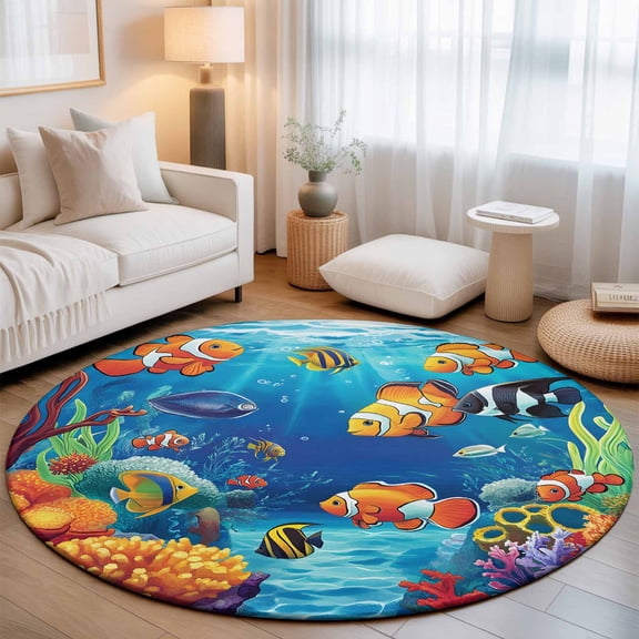 Round Area Rugs 3ft Ocean Fish Coral Seaweed Cartoon Style Soft Indoor Throw Rugs Carpets for Living Dining Bedroom Non-Slip Playroom Crawl Rug Floor Mats Blue Underwater World