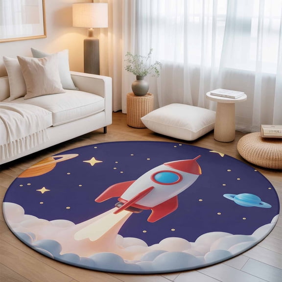 Round Area Rugs 3ft Rocket Space Universe Planet Soft Indoor Throw Rugs Carpets for Living Dining Bedroom Non-Slip Playroom Crawl Rug Floor Mats Night Star Cartoon Style