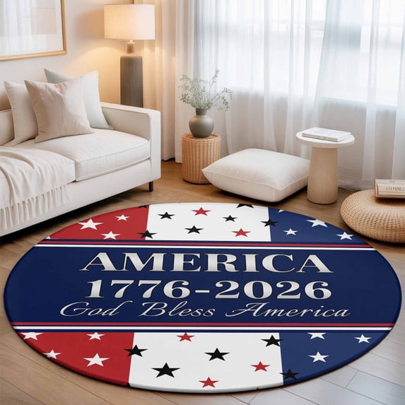 Round Area Rugs 4Ft, America Flag Non-Slip Washable Circle Rugs Carpet, Red Blue White Star Independence Day Indoor Outdoor Rug Floor Mats Throw Runner for Bedroom Living Room Bathroom