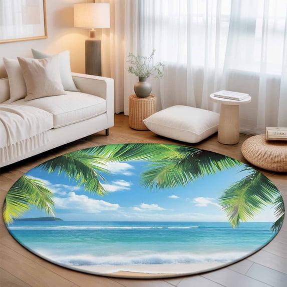 Round Area Rugs 4Ft, Beach Ocean Waves Non-Slip Washable Circle Rugs Carpet, Summer Tropical Palm Tree Leaves Indoor Outdoor Rug Floor Mats Throw Runner for Bedroom Living Room Bathroom