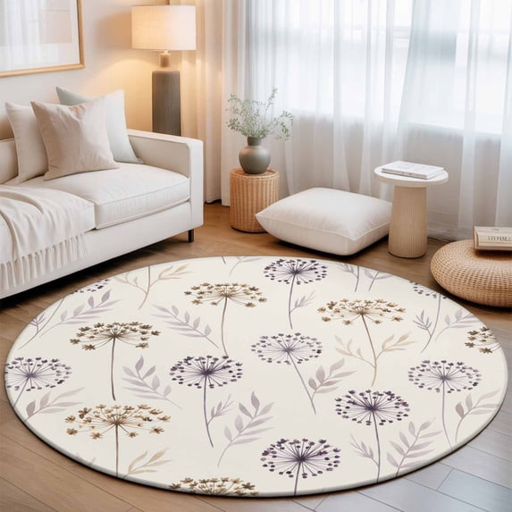 Round Area Rugs 4Ft, Beige Floral Dandelion Non-Slip Washable Circle Rugs Carpet, Spring Farmhouse Botanical Flowers Indoor Outdoor Rug Floor Mats Throw Runner for Bedroom Living Room Bathroom