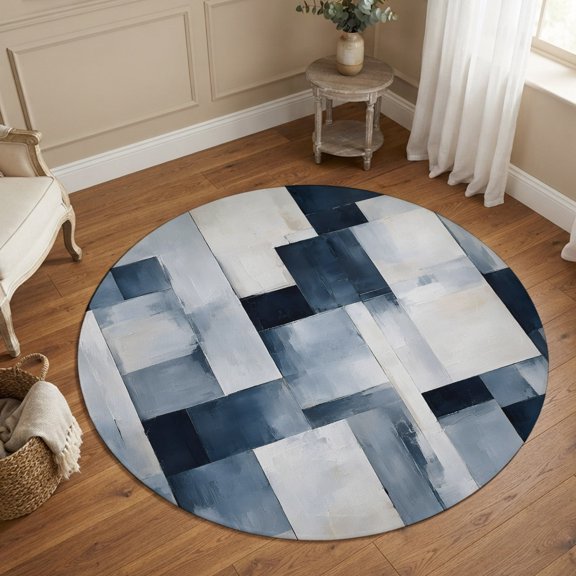 Round Area Rugs 4Ft, Blue Grey Geometric Non-Slip Washable Circle Rugs Carpet, Vintage Rustic Abstract Block Indoor Outdoor Rug Floor Mats Throw Runner for Bedroom Living Room Bathroom