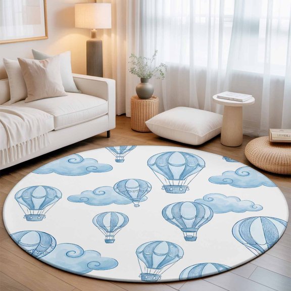 Round Area Rugs 4Ft, Blue Hot Air Balloon Non-Slip Washable Circle Rugs Carpet, Modern Balloon Float Clouds Indoor Outdoor Rug Floor Mats Throw Runner for Bedroom Living Room Bathroom