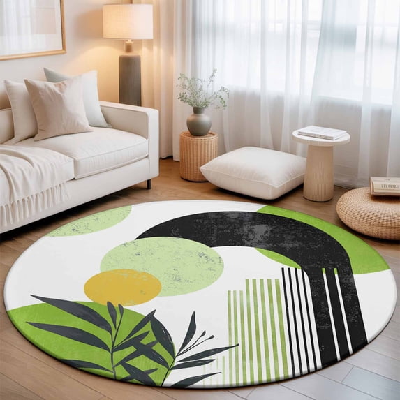 Round Area Rugs 4Ft, Boho Middle Century Non-Slip Washable Circle Rugs Carpet, Abstract Green Geometric Botanical Indoor Outdoor Rug Floor Mats Throw Runner for Bedroom Living Room Bathroom
