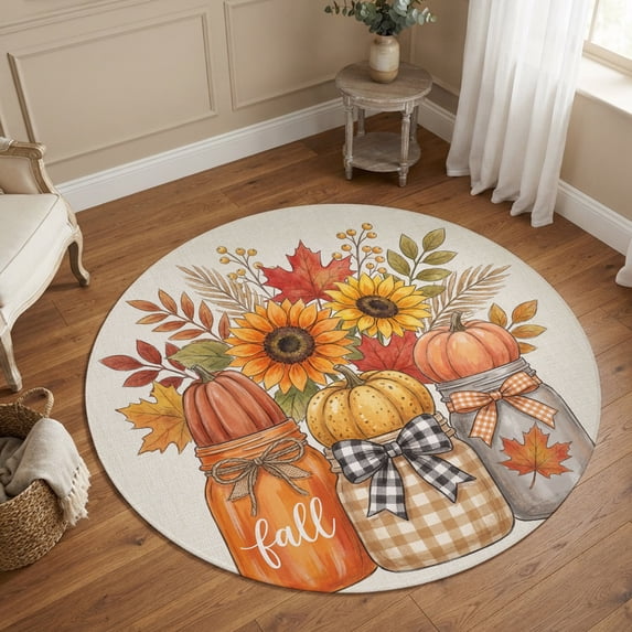 Round Area Rugs 4Ft, Bottle Pumpkins Fall Non-Slip Washable Circle Rugs Carpet, Thanksgiving Harvest Sunflowe Maple Indoor Outdoor Rug Floor Mats Throw Runner for Bedroom Living Room Bathroom