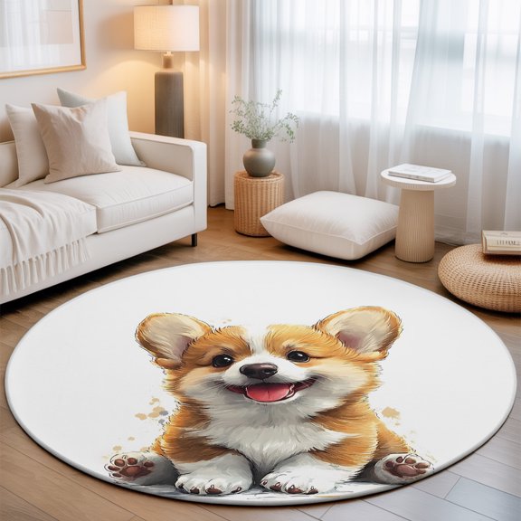 Round Area Rugs 4Ft, Cartoon Cute Puppy Non-Slip Washable Circle Rugs Carpet, Sitting Pet Dog Watercolor Indoor Outdoor Rug Floor Mats Throw Runner for Bedroom Living Room Bathroom