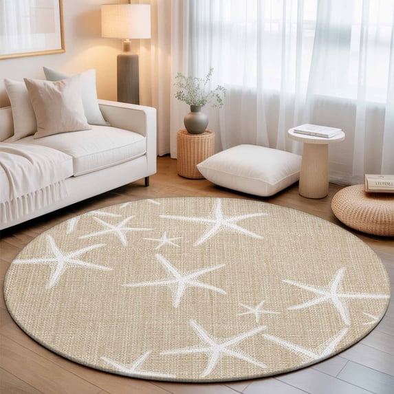Round Area Rugs 4Ft, Coastal Starfish Non-Slip Washable Circle Rugs Carpet, Summer Ocean Waves Ombre Sea Beige Indoor Outdoor Rug Floor Mats Throw Runner for Bedroom Living Room Bathroom