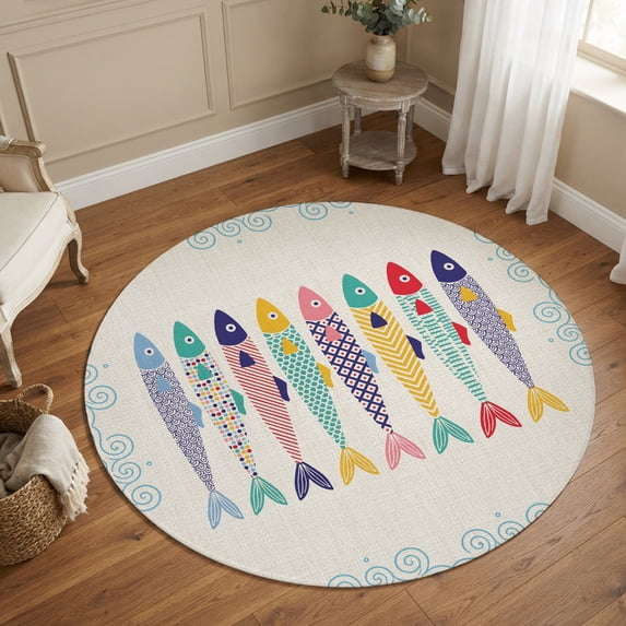 Round Area Rugs 4Ft, Colorful Fish Coastal Non-Slip Washable Circle Rugs Carpet, Nautical Summer Ocean Sea Rustic Indoor Outdoor Rug Floor Mats Throw Runner for Bedroom Living Room Bathroom