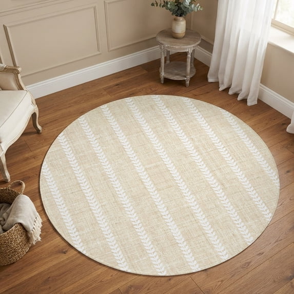 Round Area Rugs 4Ft, Cream Striped Non-Slip Washable Circle Rugs Carpet, Modern Rustic Minimalist Lines Texture Indoor Outdoor Rug Floor Mats Throw Runner for Bedroom Living Room Bathroom