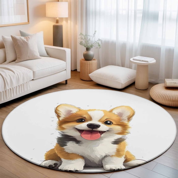 Round Area Rugs 4Ft, Cute Pet Puppy Non-Slip Washable Circle Rugs Carpet, Modern Cartoon Sitting Dog Animal Indoor Outdoor Rug Floor Mats Throw Runner for Bedroom Living Room Bathroom
