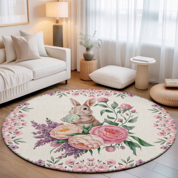 Round Area Rugs 4Ft, Easter Bunny Roses Non-Slip Washable Circle Rugs Carpet, Pink Floral Spring Linen Indoor Outdoor Rug Floor Mats Throw Runner for Bedroom Living Room Bathroom