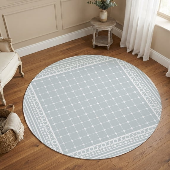 Round Area Rugs 4Ft, Grey White Border Grids Non-Slip Washable Circle Rugs Carpet, Geometric Frames Lines Indoor Outdoor Rug Floor Mats Throw Runner for Bedroom Living Room Bathroom
