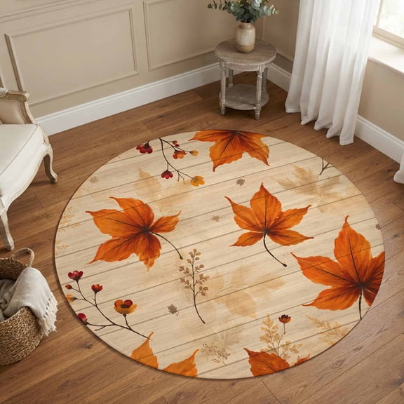 Round Area Rugs 4Ft, Maple Leaves Fall Non-Slip Washable Circle Rugs Carpet, Thanksgiving Botanical Autumn Wooden Indoor Outdoor Rug Floor Mats Throw Runner for Bedroom Living Room Bathroom