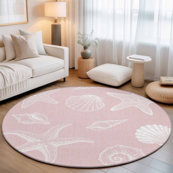Round Area Rugs 4Ft, Marine Life Non-Slip Washable Circle Rugs Carpet, Summer Ocean Starfish Conch Seashell Pink Indoor Outdoor Rug Floor Mats Throw Runner for Bedroom Living Room Bathroom