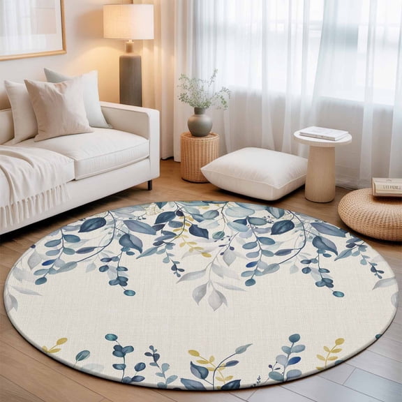 Round Area Rugs 4Ft, Navy Blue Eucalyptus Non-Slip Washable Circle Rugs Carpet, Farmhouse Weeping Leaves Linen Indoor Outdoor Rug Floor Mats Throw Runner for Bedroom Living Room Bathroom