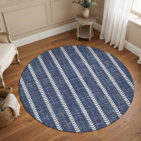 Round Area Rugs 4Ft, Navy Blue Stripes Non-Slip Washable Circle Rugs Carpet, Vintage Rustic Simple Lines Pattern Indoor Outdoor Rug Floor Mats Throw Runner for Bedroom Living Room Bathroom