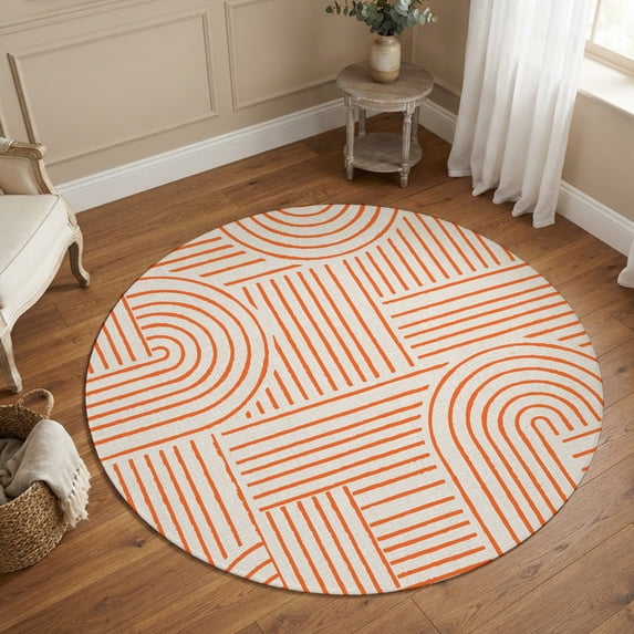 Round Area Rugs 4Ft, Orange Boho Non-Slip Washable Circle Rugs Carpet, Abstract Geometric Curves Lines Modern Indoor Outdoor Rug Floor Mats Throw Runner for Bedroom Living Room Bathroom