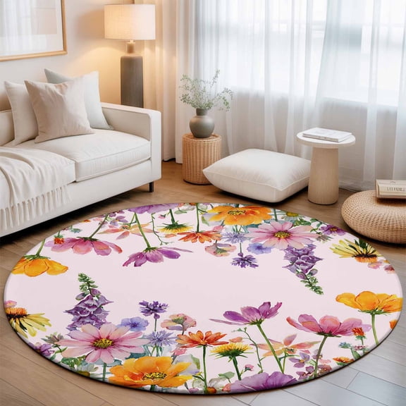 Round Area Rugs 4Ft, Pink Spring Floral Non-Slip Washable Circle Rugs Carpet, Elegant Pastoral Flowers Daisy Indoor Outdoor Rug Floor Mats Throw Runner for Bedroom Living Room Bathroom