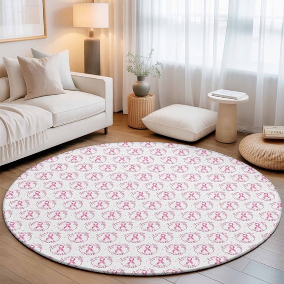 Round Area Rugs 4Ft, Pink String Non-Slip Washable Circle Rugs Carpet, Spring Breast Cancer Awareness Indoor Outdoor Rug Floor Mats Throw Runner for Bedroom Living Room Bathroom