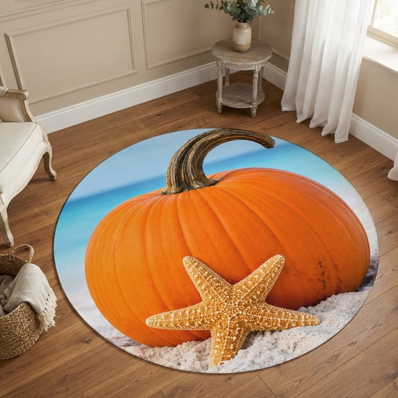 Round Area Rugs 4Ft, Pumpkin Coastal Non-Slip Washable Circle Rugs Carpet, Thanksgiving Fall Beach Starfish Indoor Outdoor Rug Floor Mats Throw Runner for Bedroom Living Room Bathroom