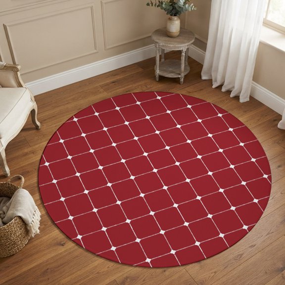 Round Area Rugs 4Ft, Red Gingham Non-Slip Washable Circle Rugs Carpet, Modern Minimalist Geometric Plaid Indoor Outdoor Rug Floor Mats Throw Runner for Bedroom Living Room Bathroom